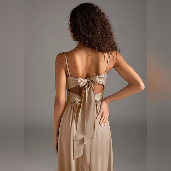 Azazie ZEYA Taupe A-Line Pleated Stretch Satin Maxi Dress - Small Custom Size - Picture 3 of 11